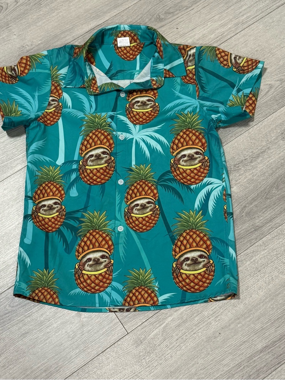 Unbranded Kids Sloth Pineapple Hawaiian Button Up Shirt Teal Blue Size M